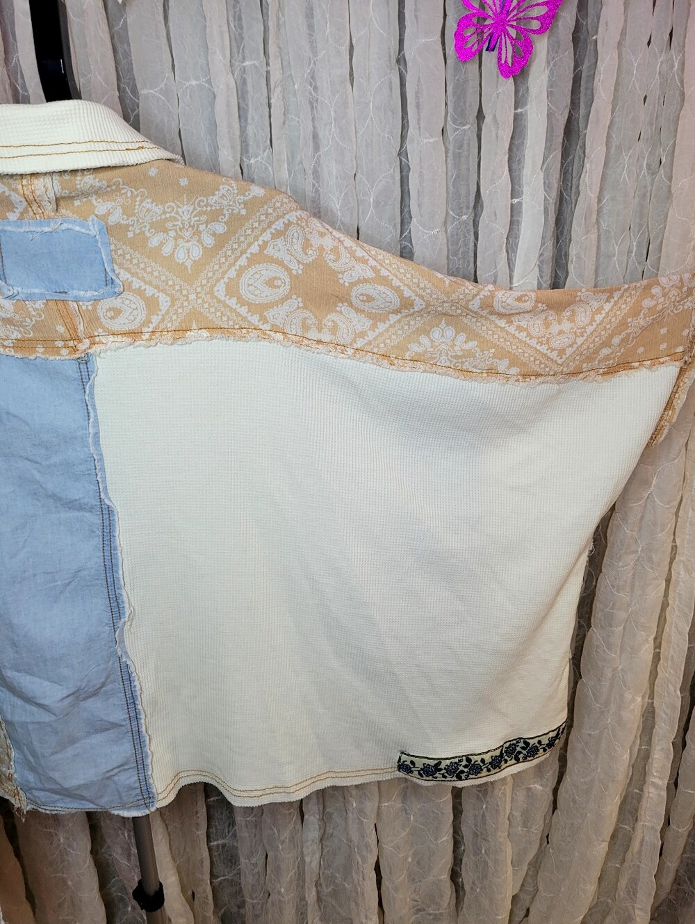 POL Button Down Denim Chambray Waffle Knit Flower Patchwork 100% Cotton Shacket - Picture 8 of 11